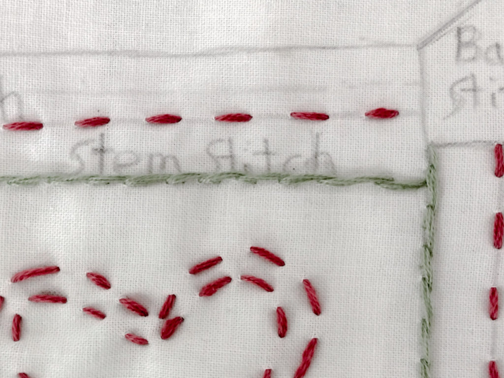 Tutorial for stem stitch homeschooling embroidery sampler curriculum