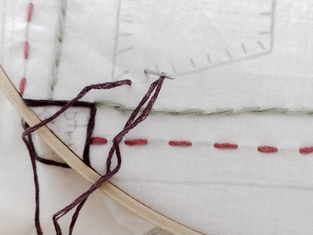 embroidery needle going back down at an angel green stem stitches and pink running stitches are seen