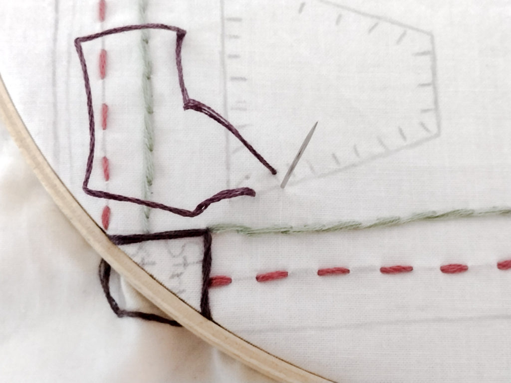 next step for sewing a blanket stitch with the embroidery needle coming back up other embroidery stitches visible