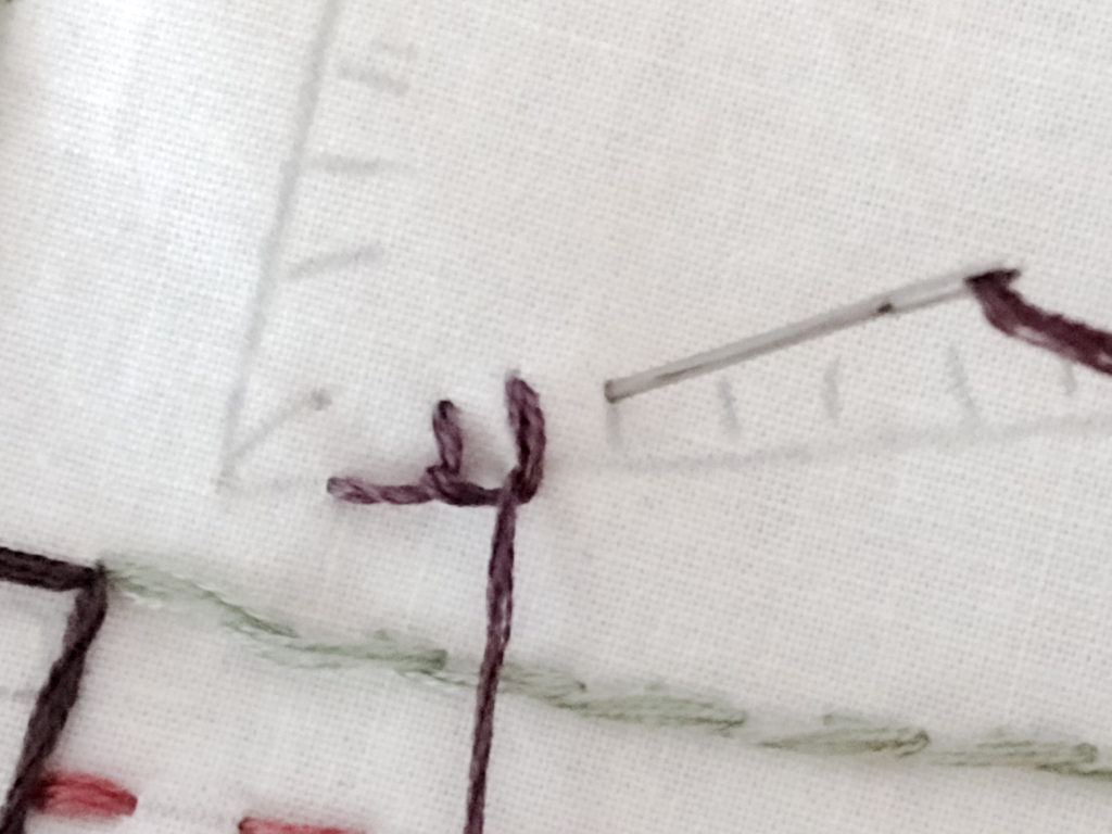 Needle poking down next to two blanket stitches on the left
