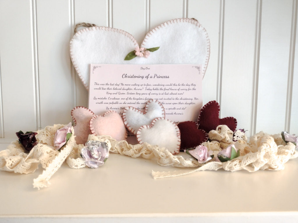 Valentines day heart pouch, 6 stuffed hearts, lace garland, and pink story cards