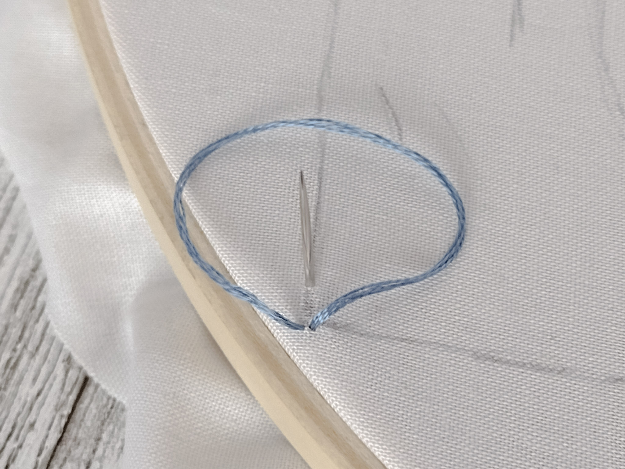 embroidery needle poking up from underneath with embroidery floss around it