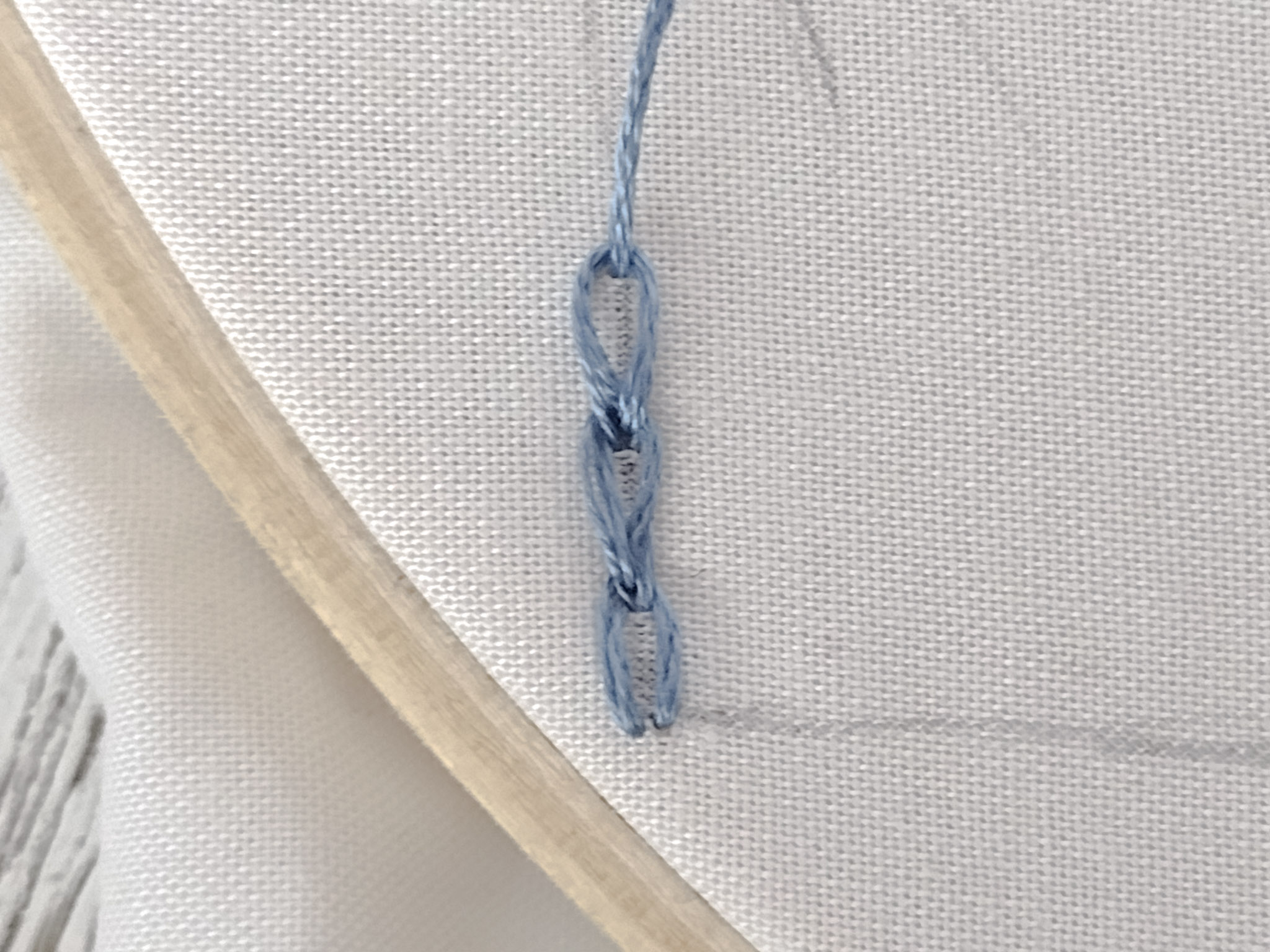 three blue chain stitches vertically