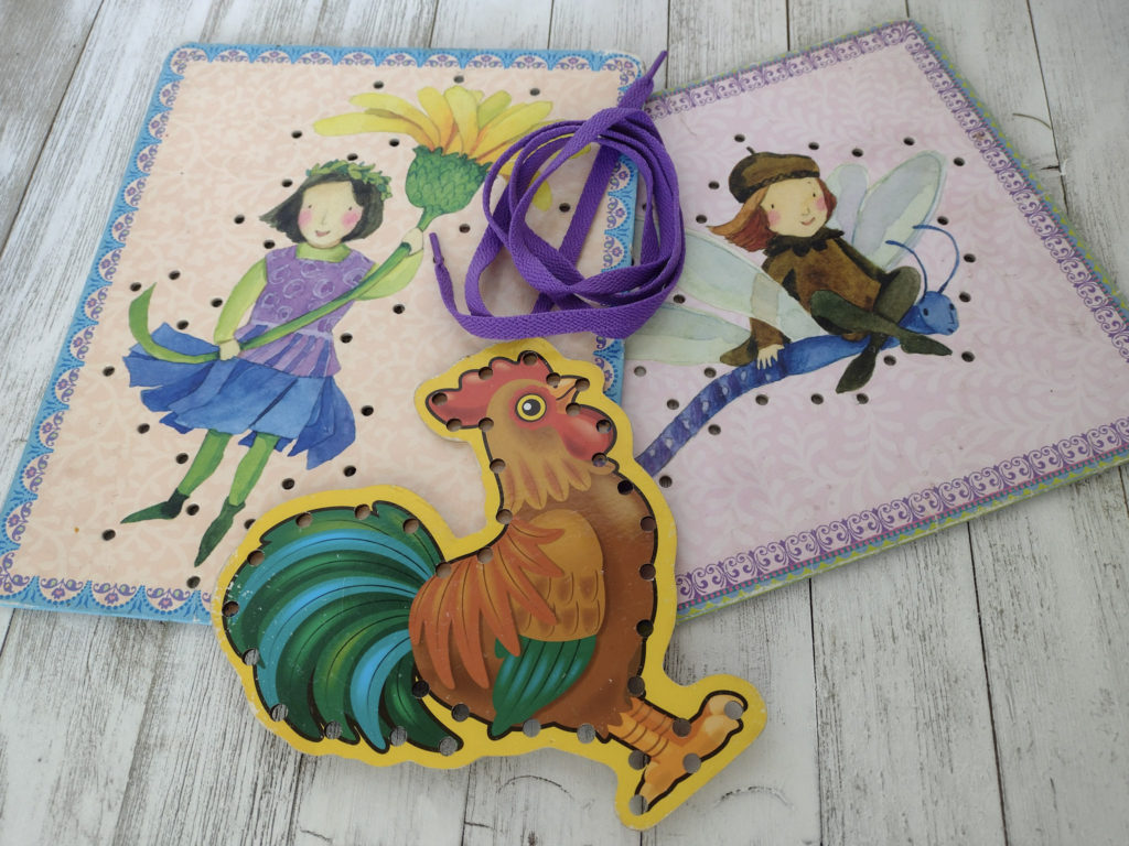 fairy and rooster sewing cards with shoe lace